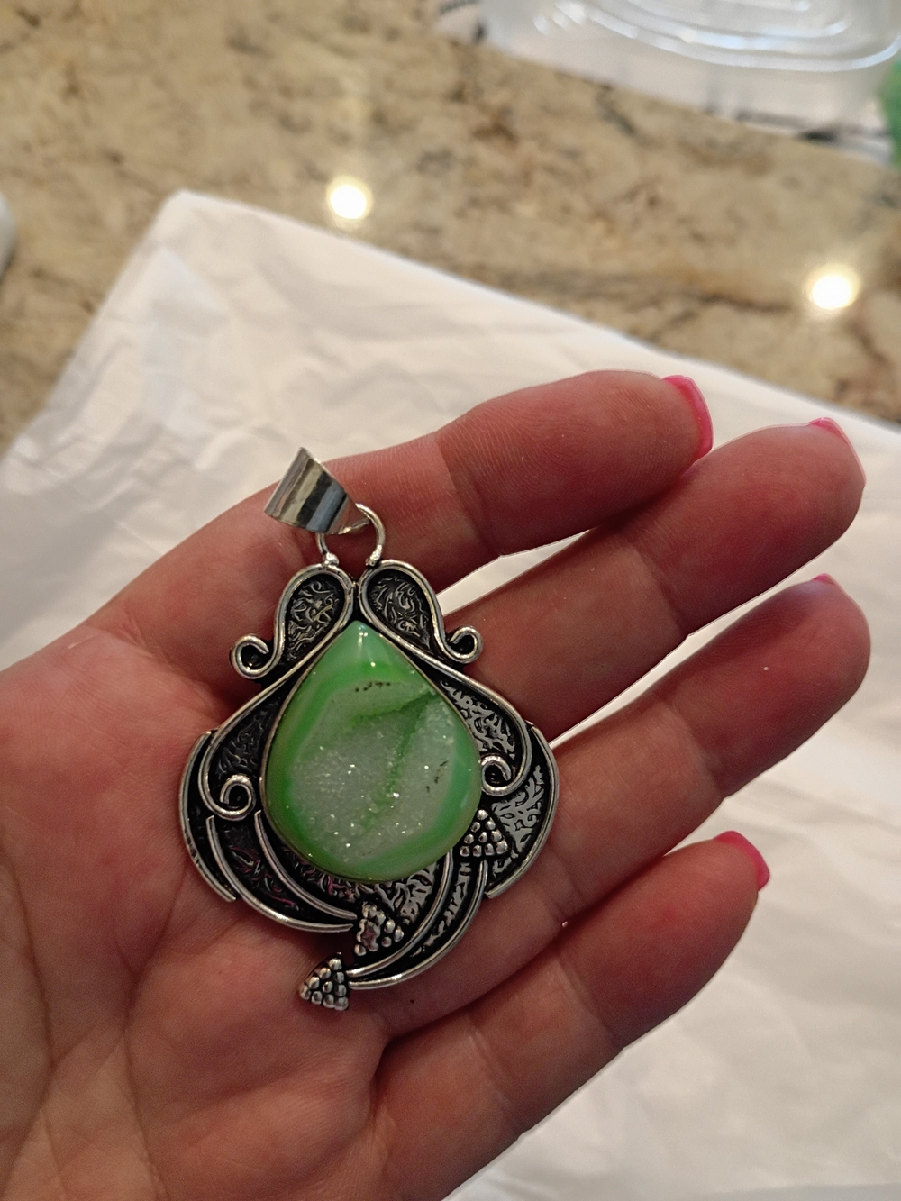 Florescent Lime Green Druzy Pendant in Intricate Setting Beautiful! - Picture 8 of 9